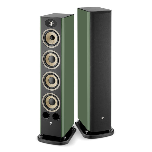 Pair of floorstanding speakers in high gloss moss green with black front baffles and multiple driver