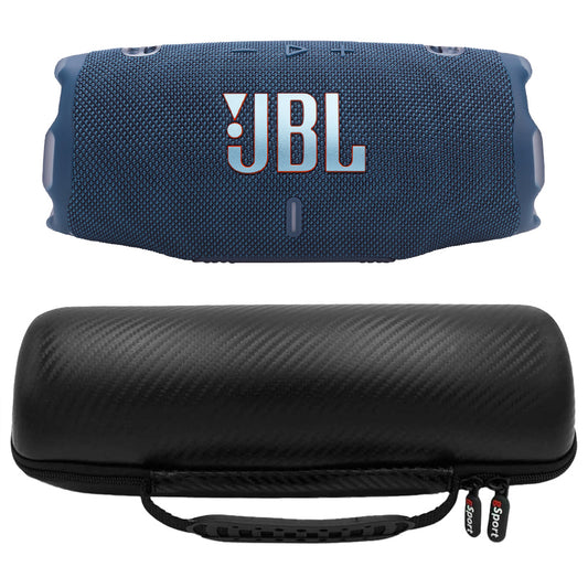 Blue portable speaker with mesh grille and orange logo above a black carbon fiber carrying case
