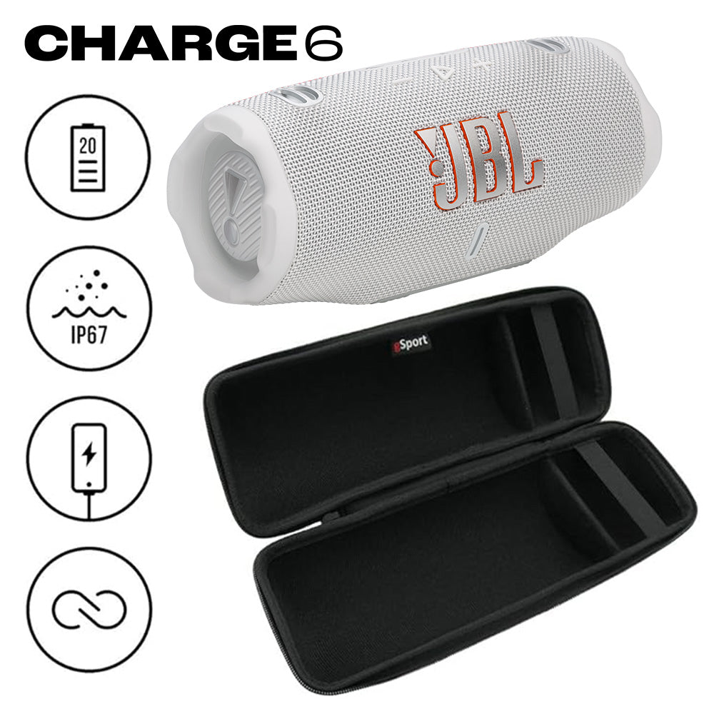 JBL CHARGE 6 Waterproof Portable Speaker Bundle with gSport Carbon Fiber Case (White)