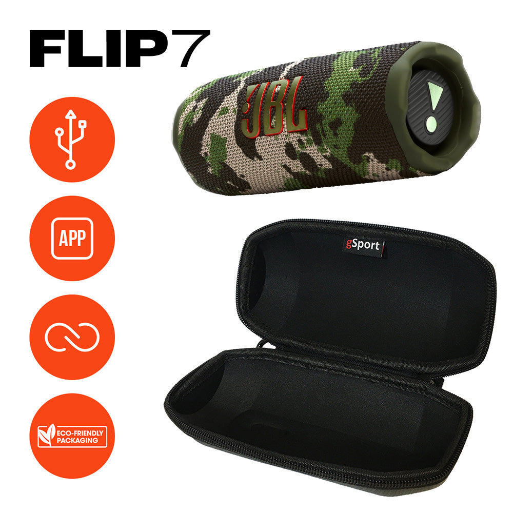 JBL FLIP 7 Waterproof Portable Speaker Bundle with gSport Carbon Fiber Case (Camo)