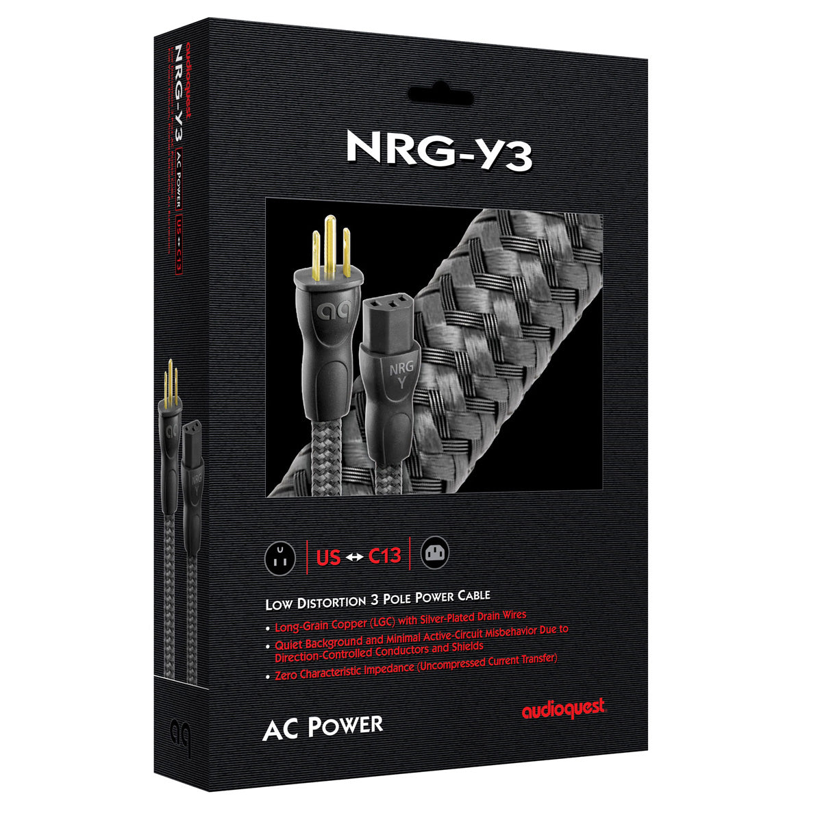 Black braided power cable with gold-plated US plug and C13 connector in retail packaging