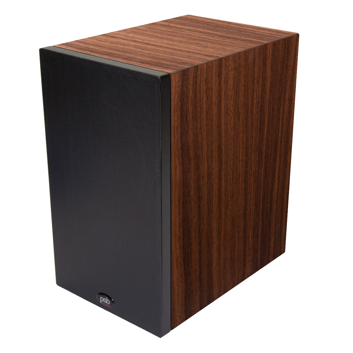 Walnut wood bookshelf speaker with black fabric grille and small logo badge