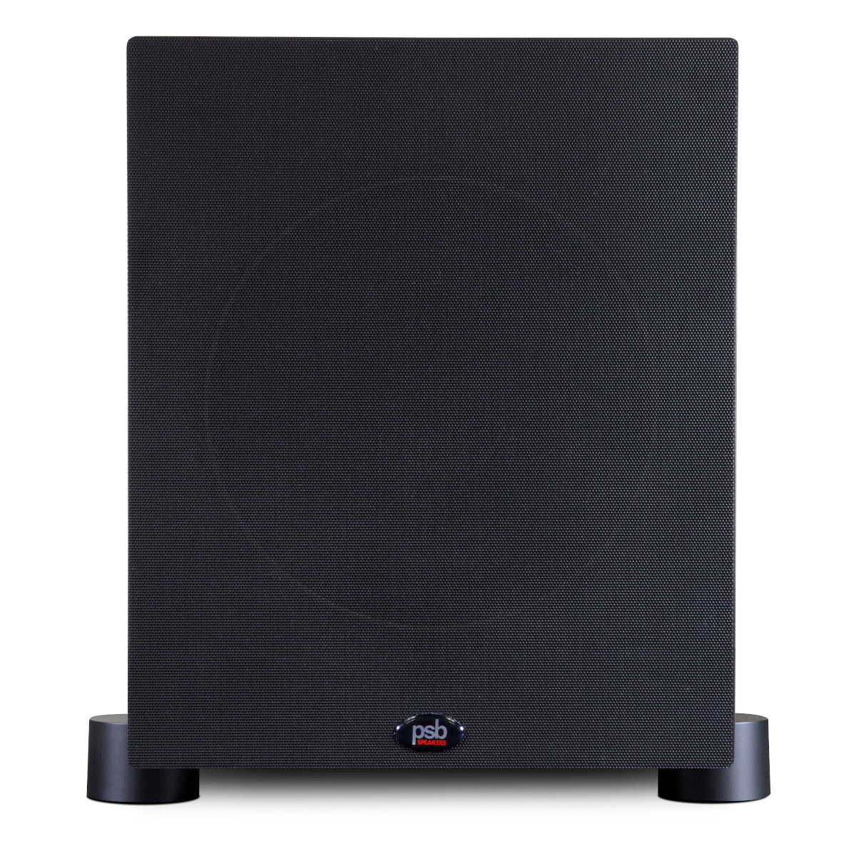 Black subwoofer with a front mesh grille and cylindrical feet