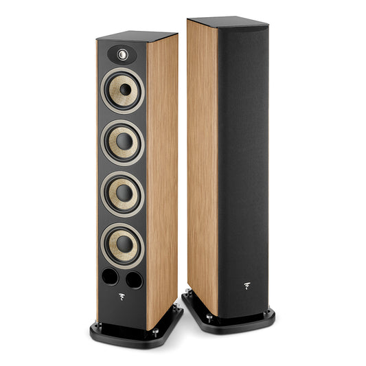 Pair of floorstanding speakers with walnut wood side panels and black front baffles