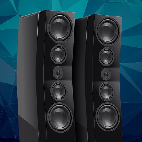 Pair of black floorstanding speakers with five drivers each