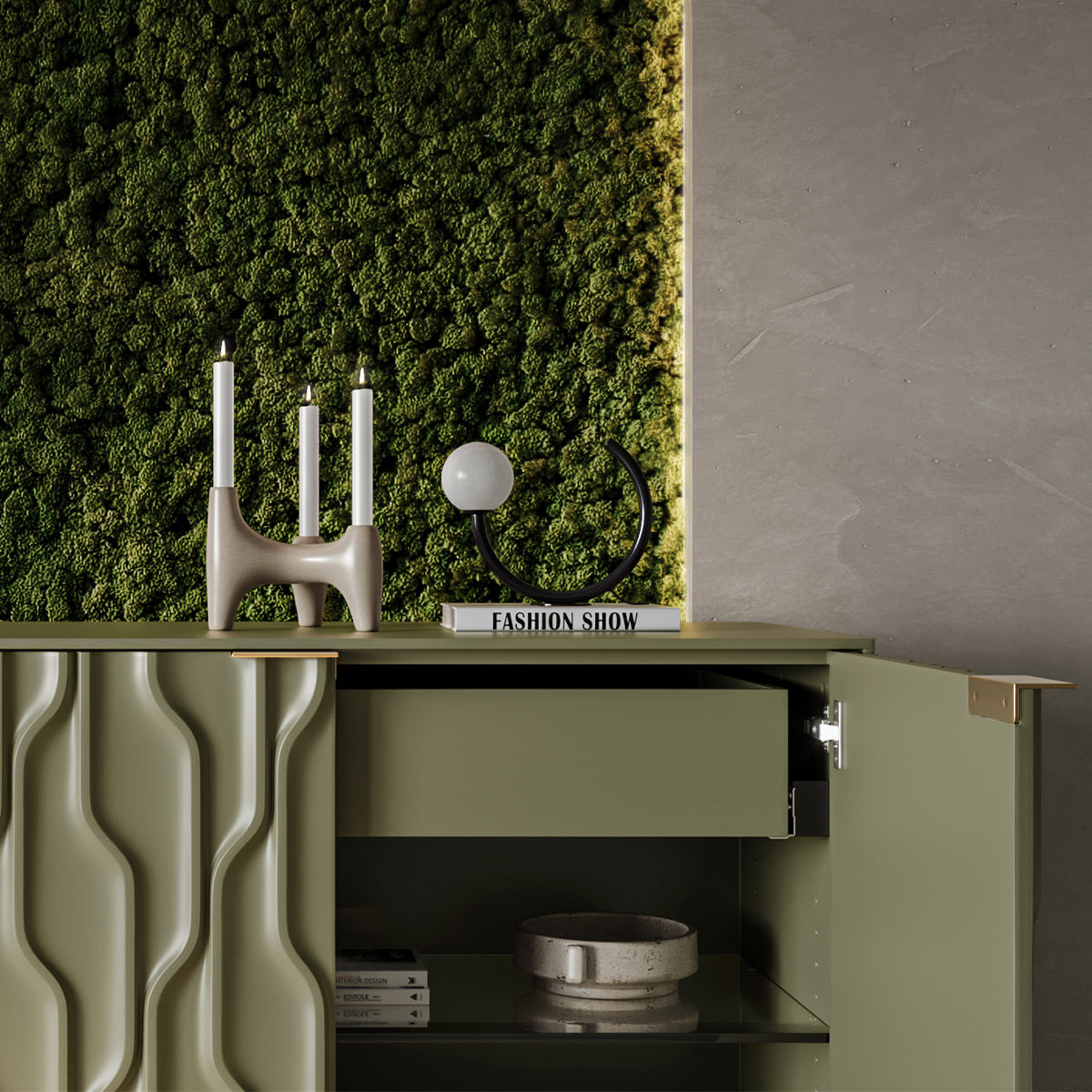 BDI Mesa 7639 4-Door Credenza (Moss with Brass Base)