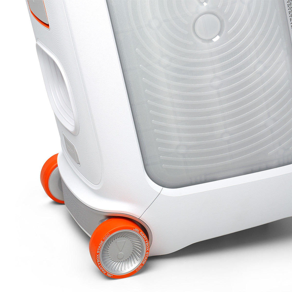 JBL Partybox Stage 320 Portable Party Speaker Bundle with Additional Battery 400 (White)