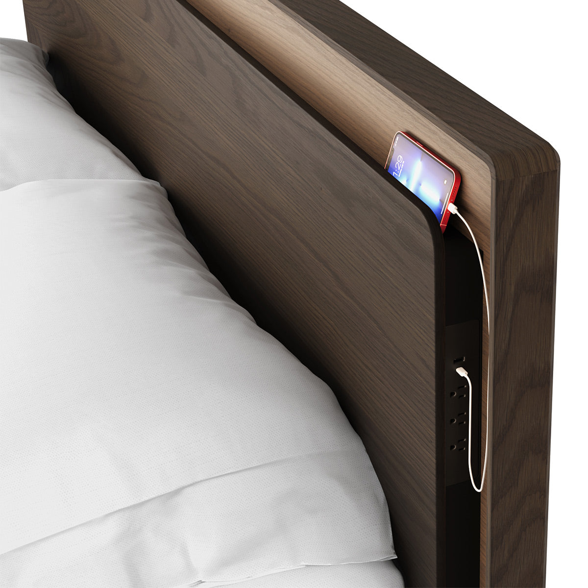 BDI Up-LINQ 9119 King Size Bed with Dual-Level Headboard, Dimmable Accent Lighting, and Integrated Power Stations (Toasted Oak)