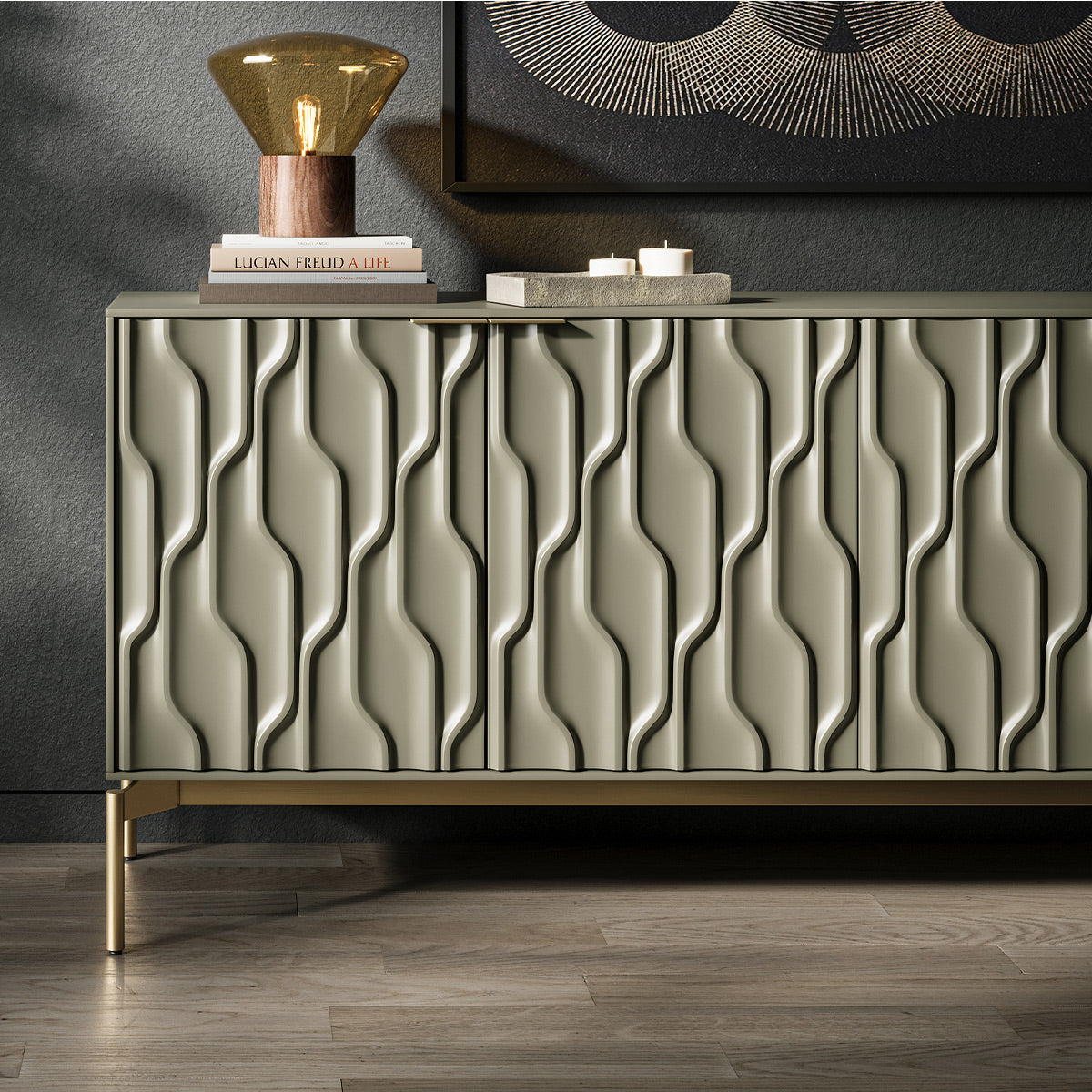 BDI Mesa 7639 4-Door Credenza (Moss with Brass Base)