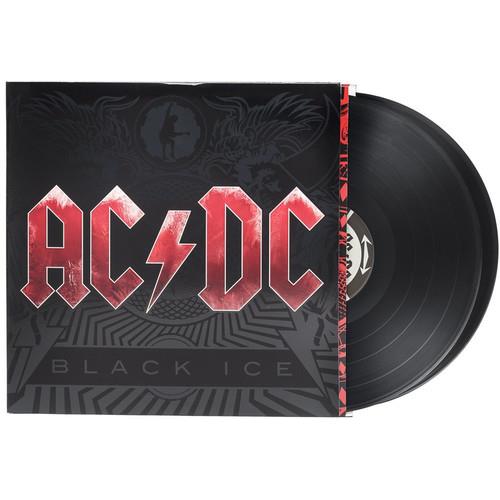 Black vinyl record partially removed from a black sleeve featuring large red AC/DC lettering