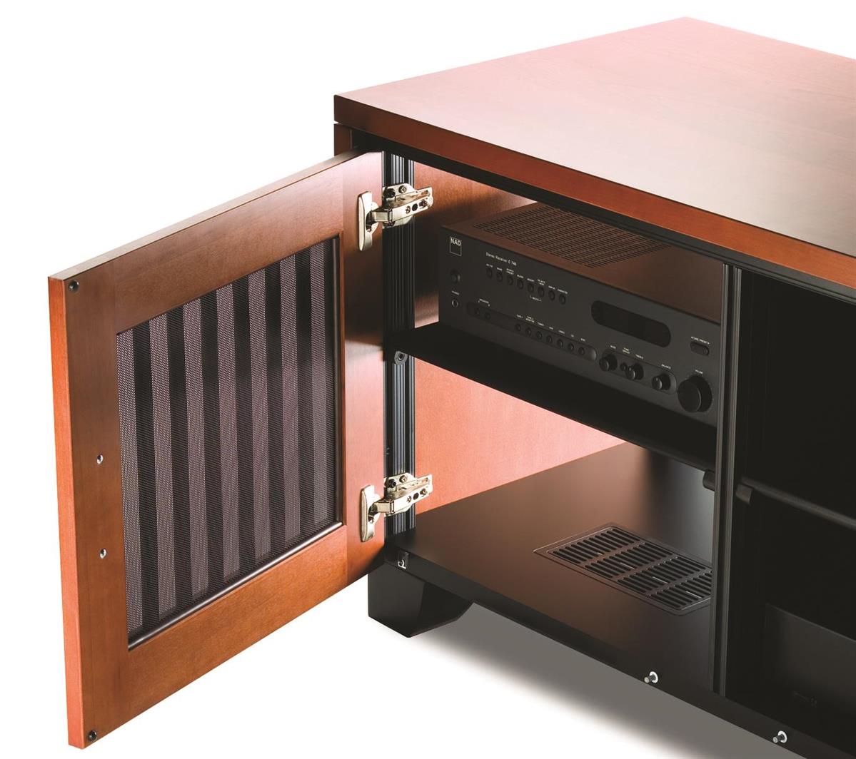 Salamander Chameleon Collection Sonoma 237 Triple AV Cabinet (American Cherry Vertical Pattern with Perforated Black Steel Inserts)
