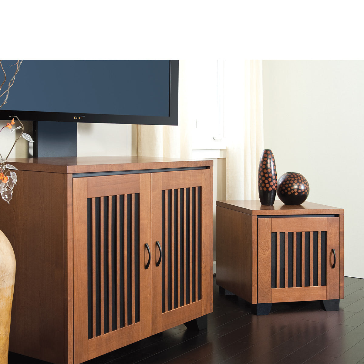 Salamander Chameleon Collection Sonoma 323 Twin AV Cabinet (American Cherry Vertical Pattern with Perforated Black Steel Inserts)