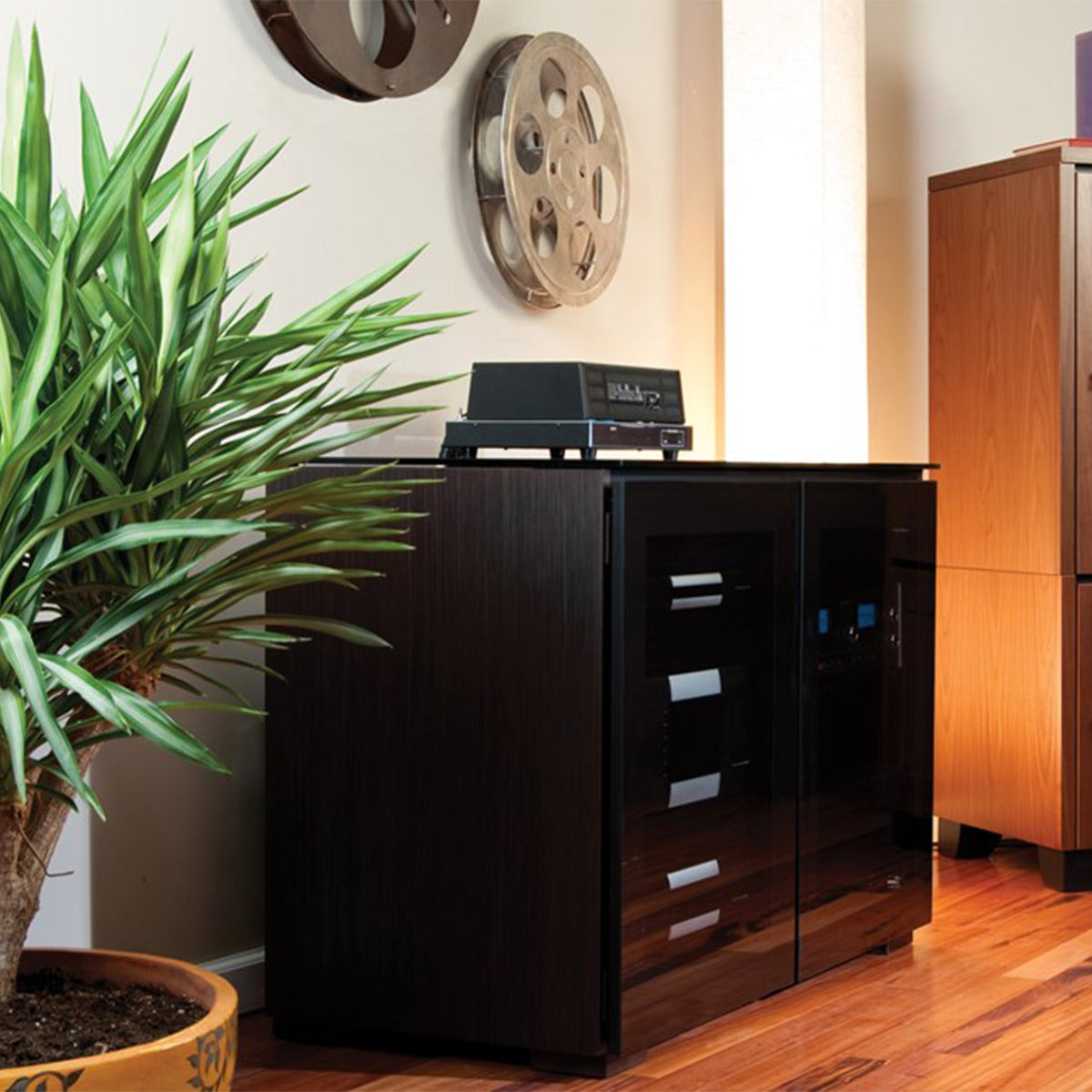 Salamander Chameleon Collection Oslo 323 Twin AV Cabinet (Black Oak with Smoked Glass Doors & Black Glass Top)