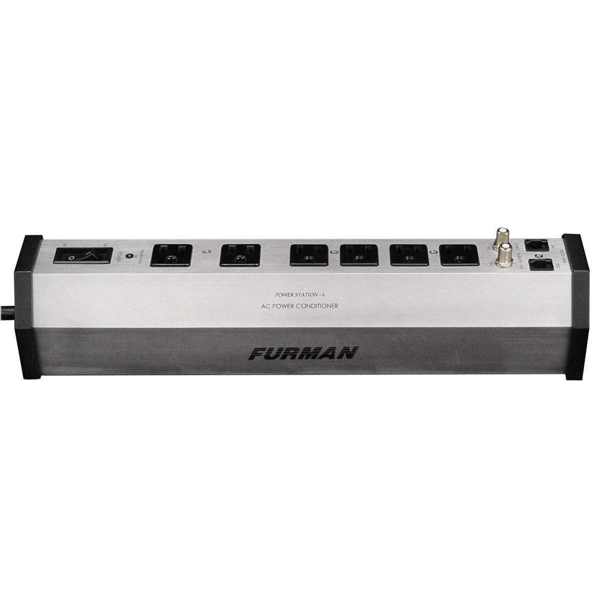Black power conditioner with six outlets and voltage display, front view