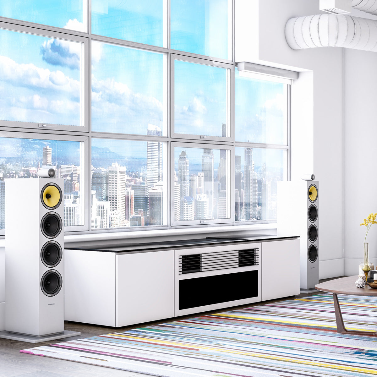 Salamander Chameleon Credenza Miami UST Media Cabinet - Gloss-White Doors and Sides, Black Solid Surface Top