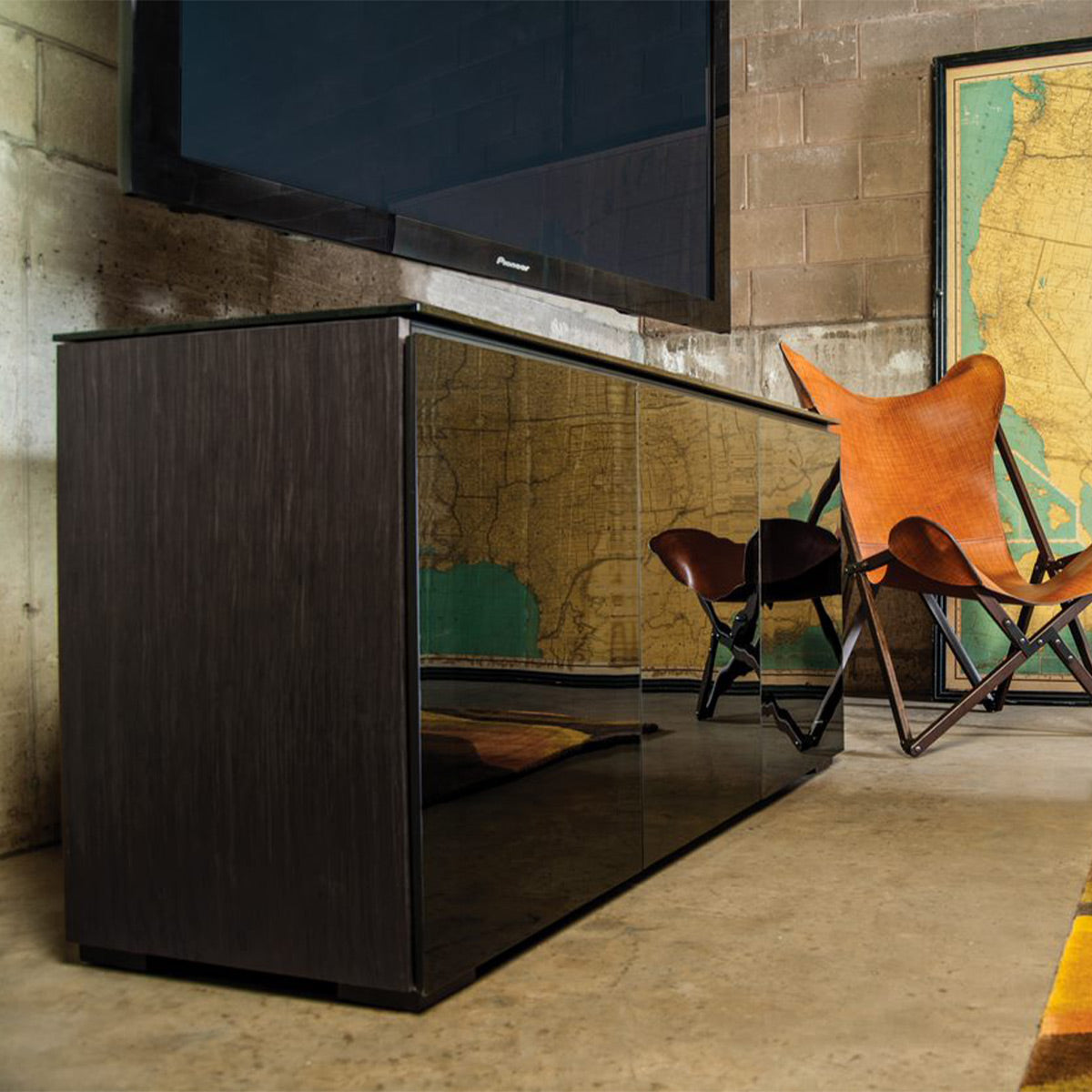 Salamander Chameleon Collection Oslo 337 Triple AV Cabinet (Black Oak with Smoked Glass Doors & Black Glass Top)