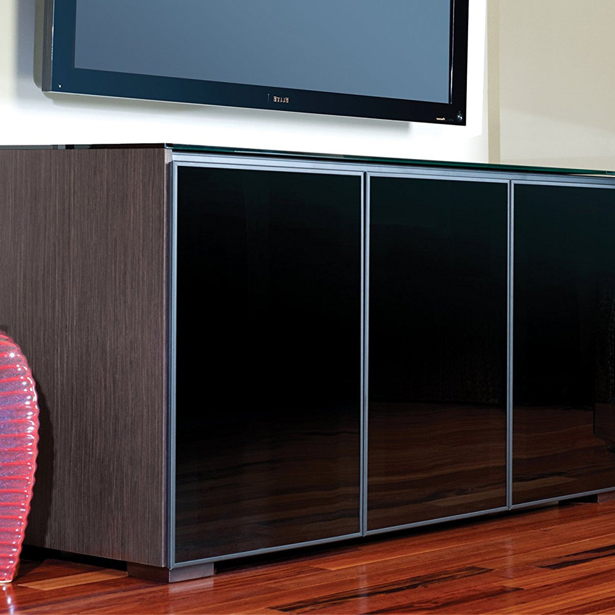 Salamander Chameleon Collection Oslo 337 Triple AV Cabinet (Black Oak with Smoked Glass Doors & Black Glass Top)