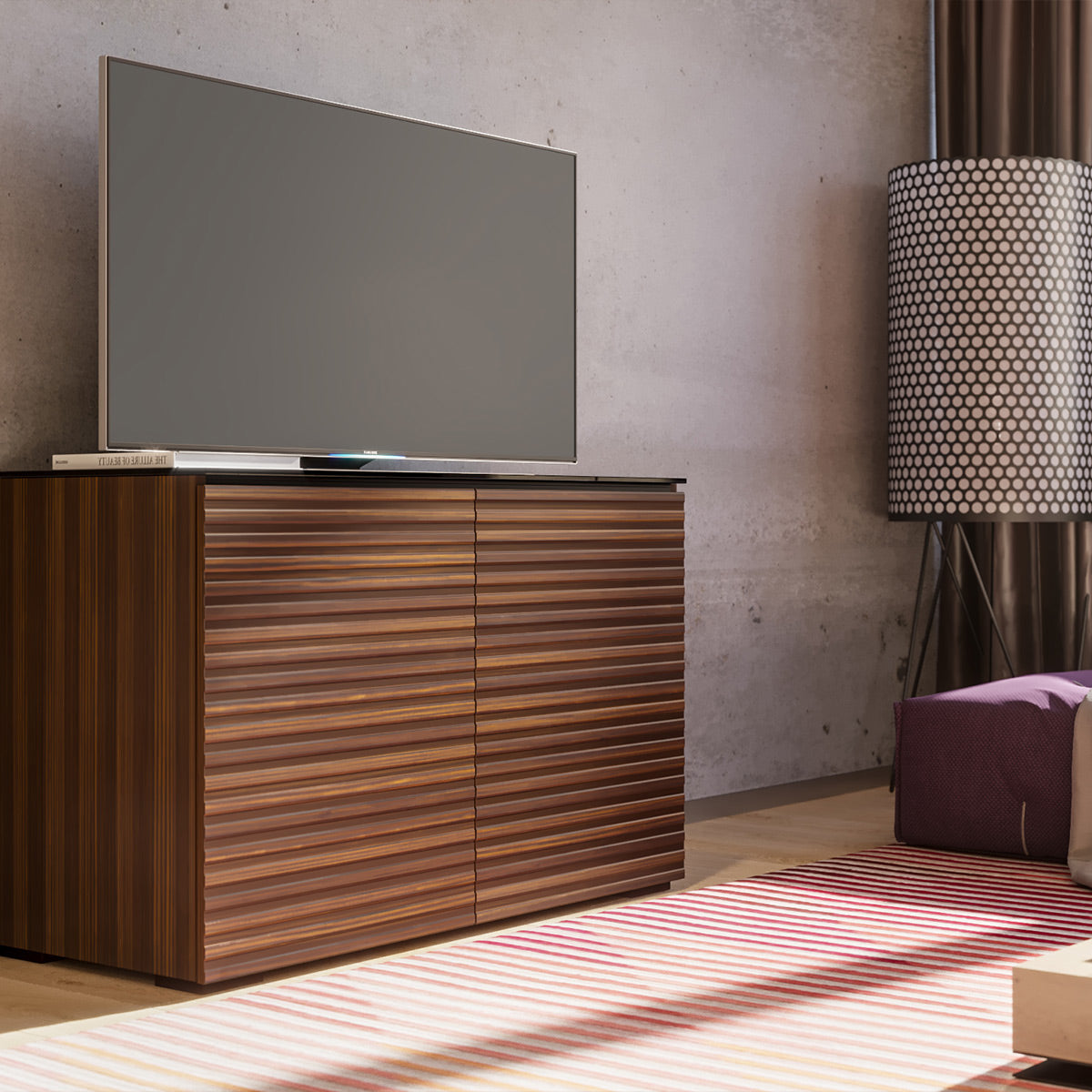 Salamander Chameleon Collection Zurich 323 Twin AV Cabinet (Horizontal Wood Pattern with Black Glass Top)