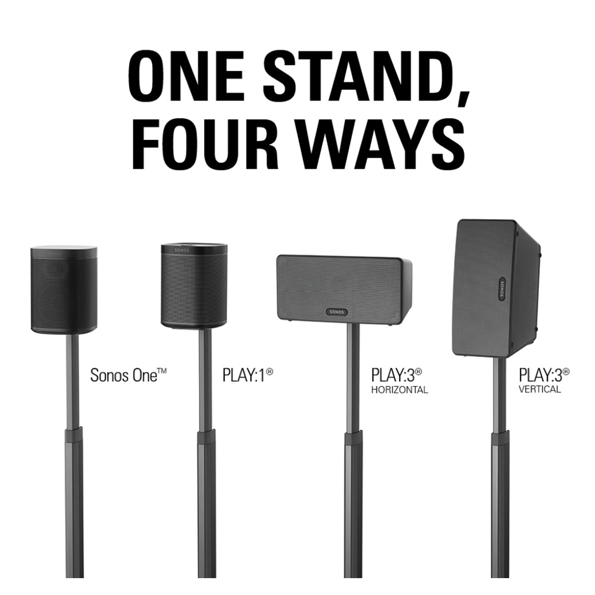 Sanus WSSA1 Adjustable Height Wireless Speaker Stand for Sonos ONE, PLAY:1, and PLAY:3 - Each (Black)