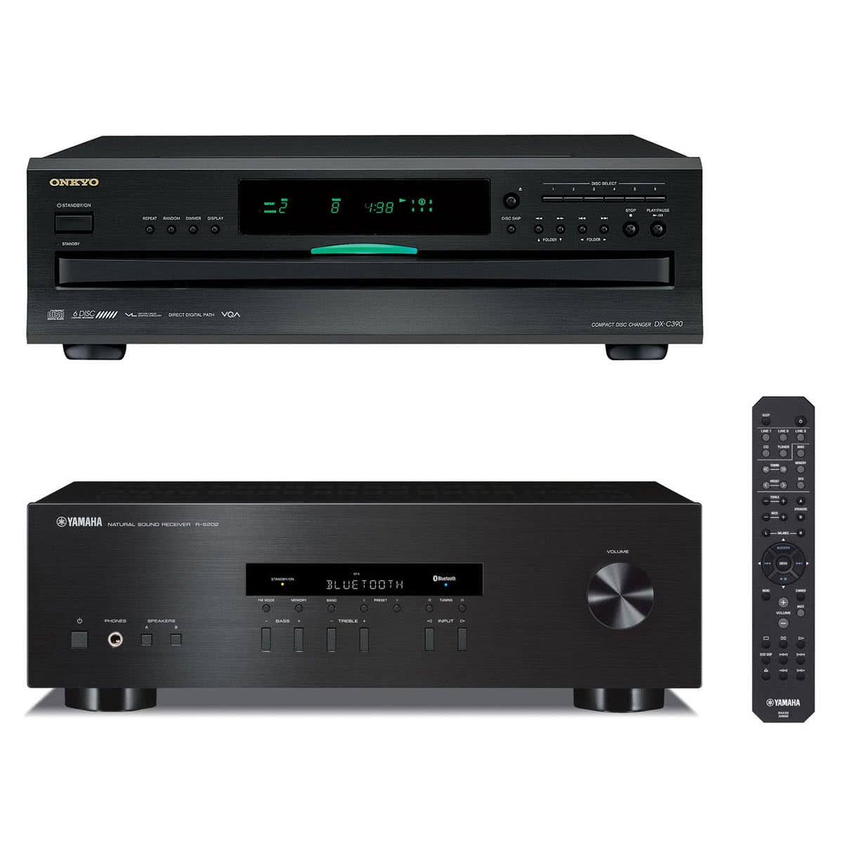 Yamaha R-S202 Stereo Receiver and Onkyo DX-C390 6-Disc Carousel CD Changer