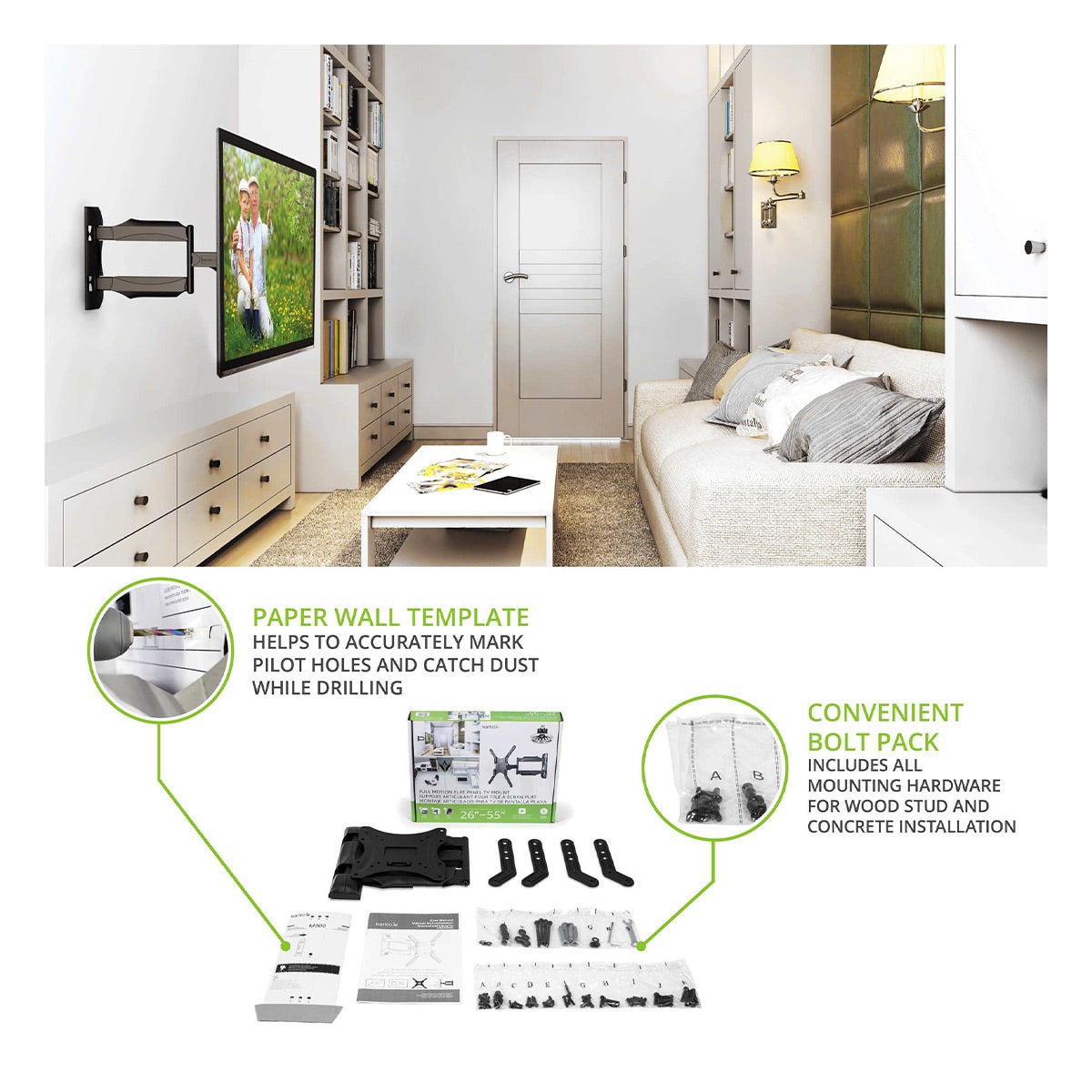 Kanto M300 Full Motion Single Stud TV Mount for 26" - 55" TV (Black)