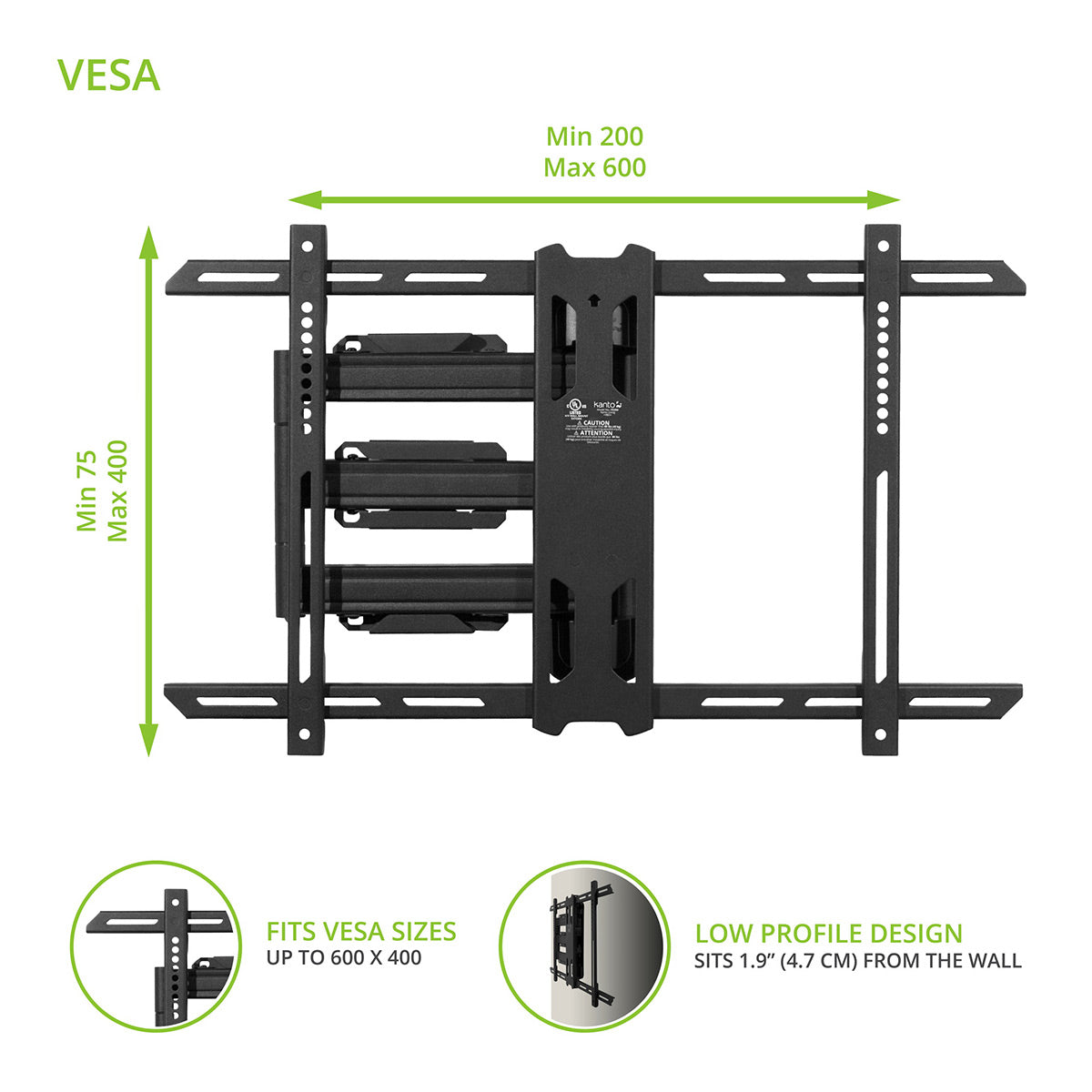 Kanto PS350 Articulating Full Motion Single Stud TV Mount for 37" - 60" TV (Black)