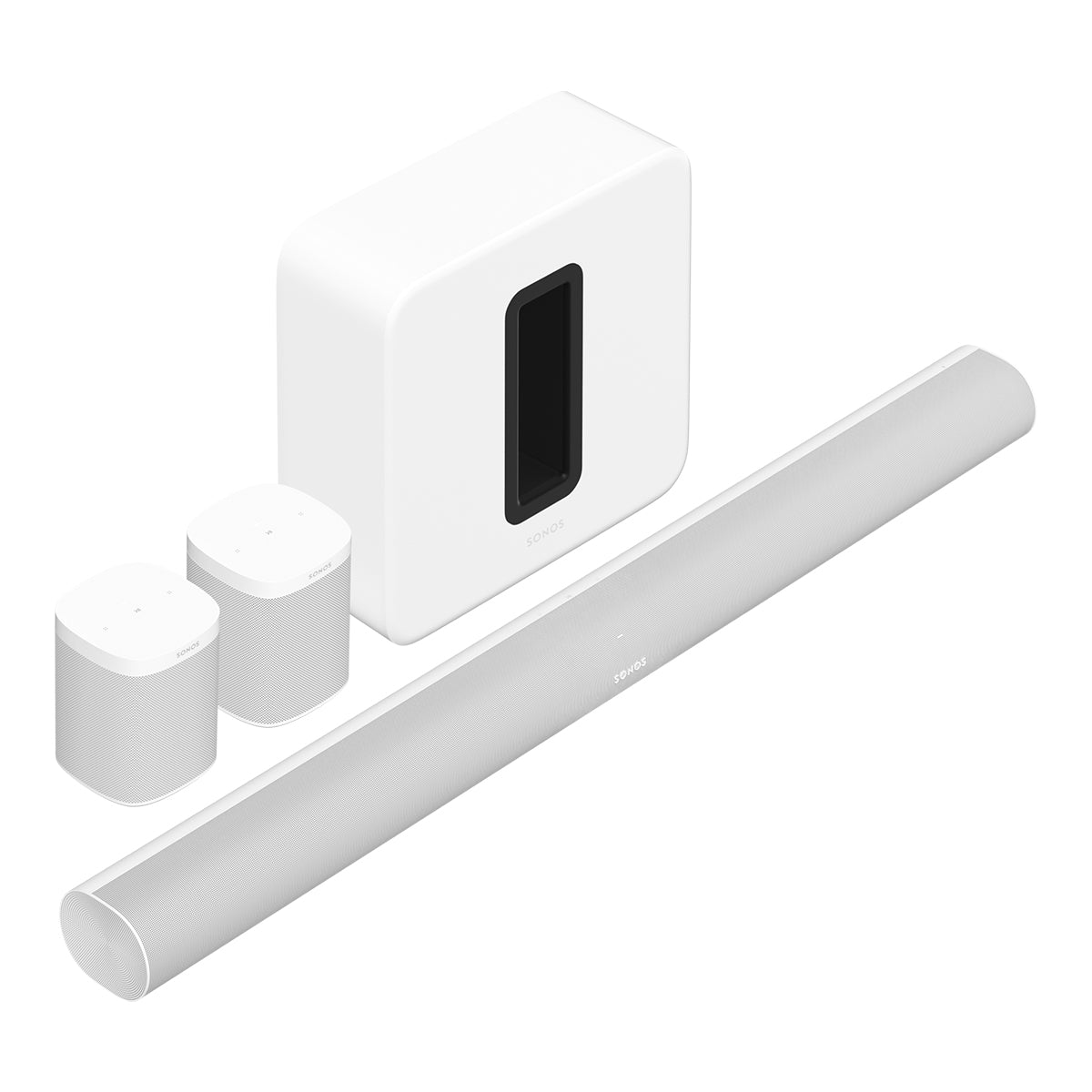 Sonos Premium Immersive Set with Arc Wireless Soundbar (White), Sub Wireless Subwoofer (Gen 3, White), and Pair of One SL Wireless Speaker (White)
