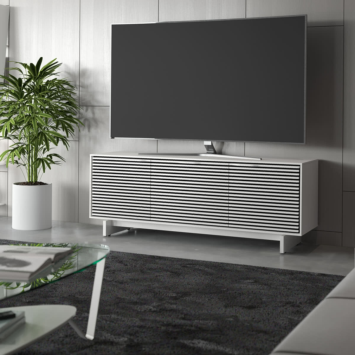BDI Align 7477 3-Door Cabinet with Media Base (Satin White)