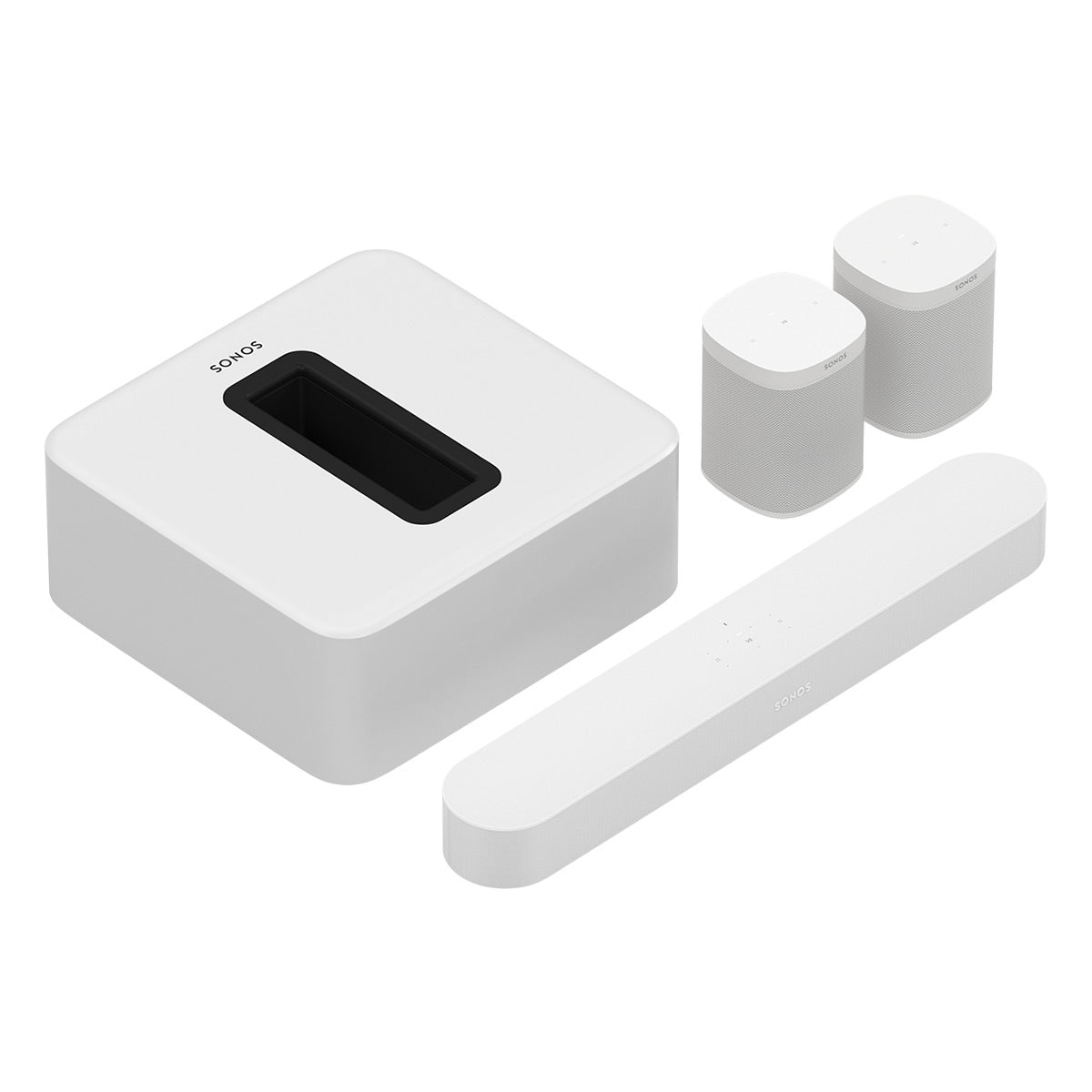 Sonos Premium Immersive Set with Beam (Gen 2, White) Soundbar, Sub Wireless Subwoofer (Gen 3, White), and Pair of One SL Wireless Speaker (White)