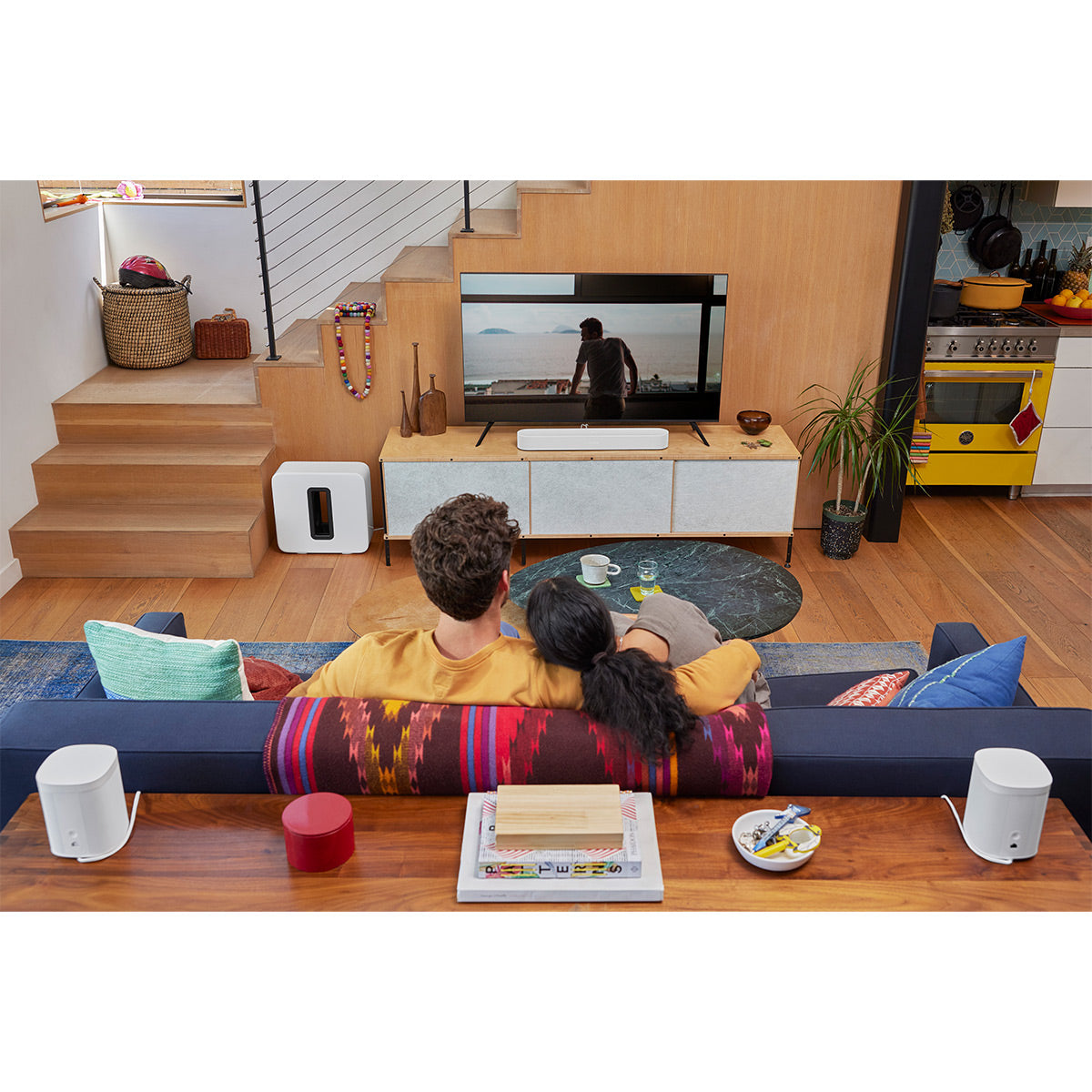 Sonos Premium Immersive Set with Beam (Gen 2, White) Soundbar, Sub Wireless Subwoofer (Gen 3, White), and Pair of One SL Wireless Speaker (White)