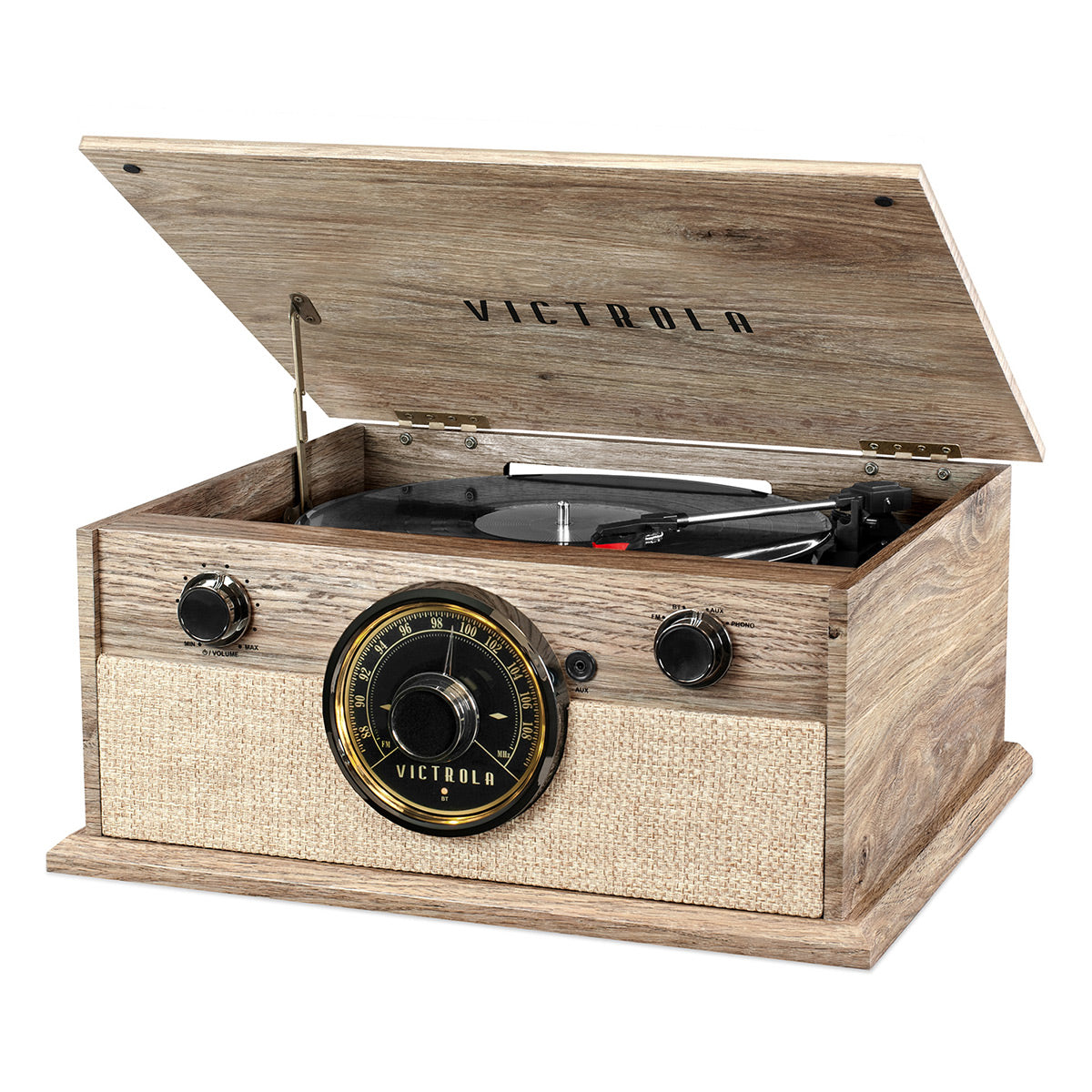 Victrola 4-in-1 Cambridge Farmhouse Modern Bluetooth Turntable with FM Radio (Factory Certified Refurbished, Farmhouse Oatmeal)