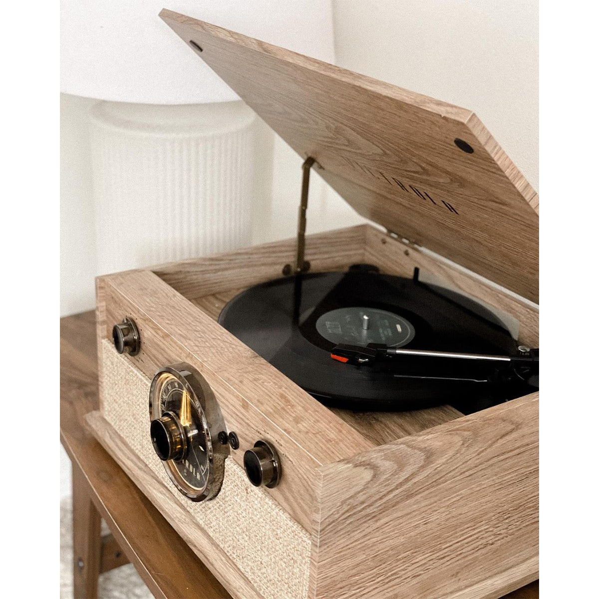 Victrola 4-in-1 Cambridge Farmhouse Modern Bluetooth Turntable with FM Radio (Factory Certified Refurbished, Farmhouse Oatmeal)