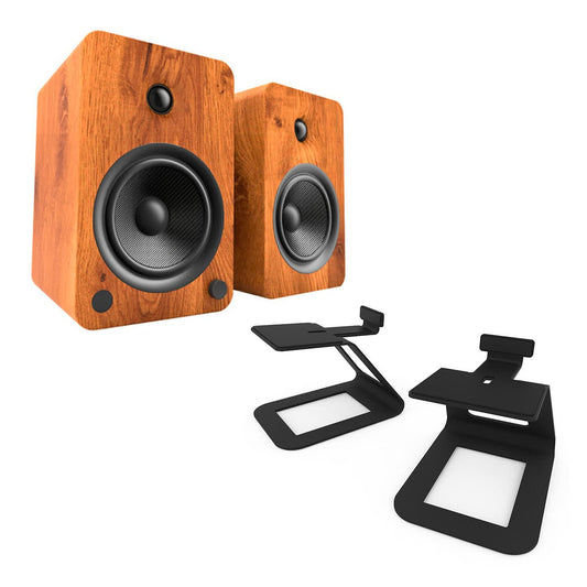 Kanto YU6 Powered Bookshelf Speakers (Walnut) with SE6 Elevated Desktop Speaker Stands (Black)