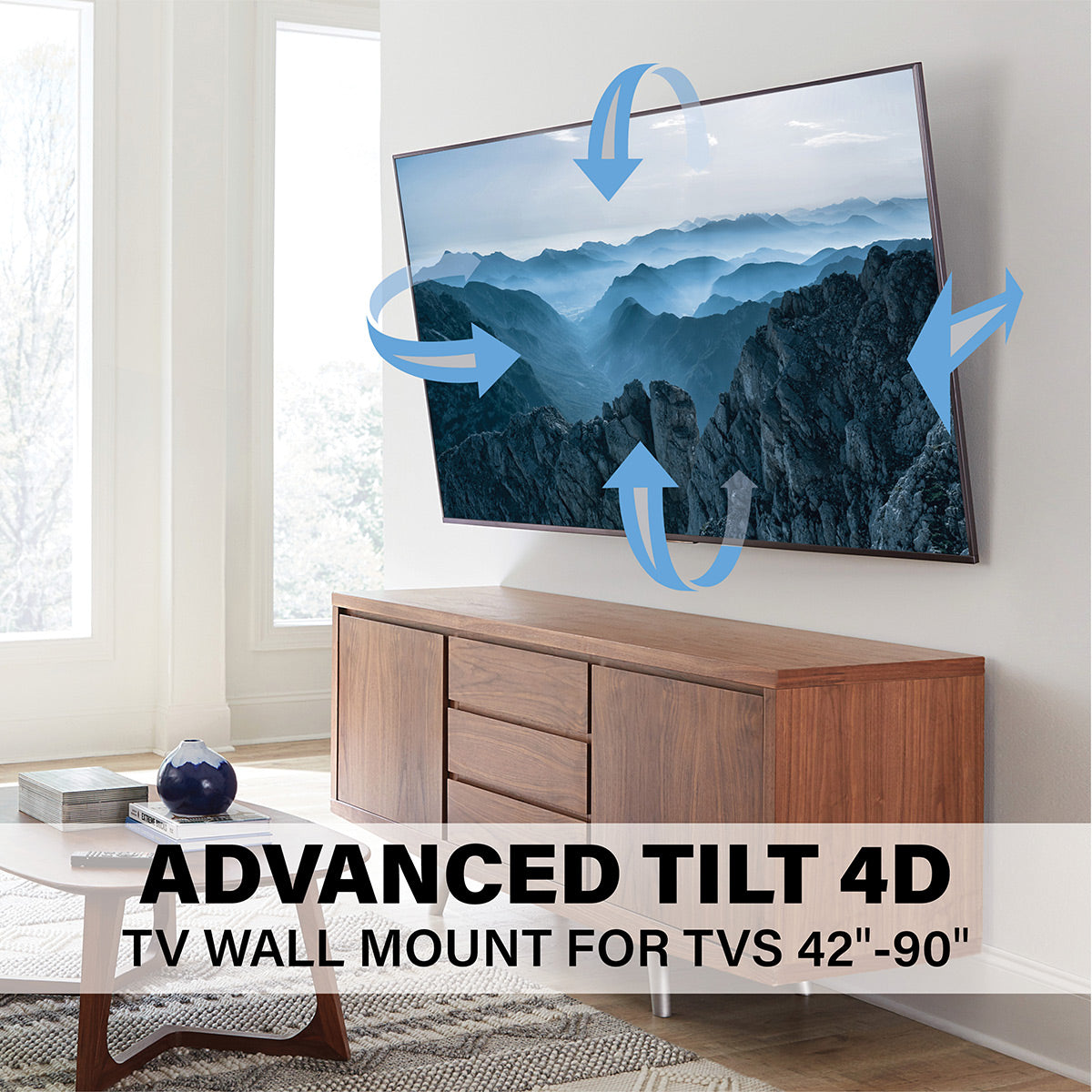 Sanus VLT7-B2 Large Advanced Tilt 4D TV Wall Mount for 42"-90" TVs and 9" TV Media In-Wall Box with Power Supply Kit