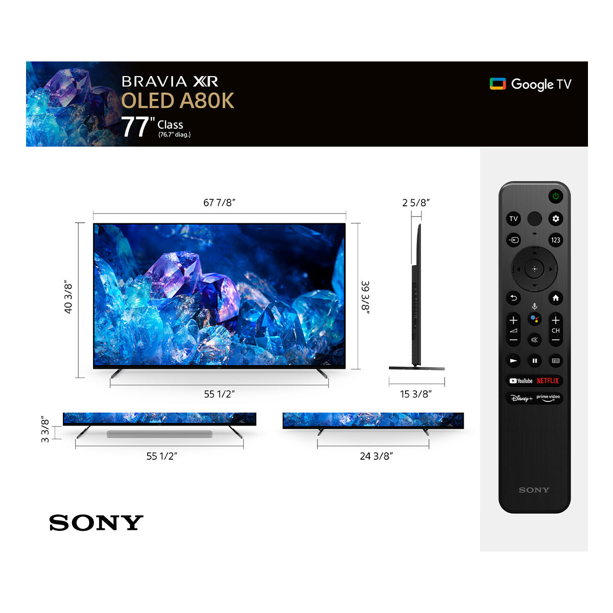 Sony XR77A80K 77" BRAVIA XR OLED A80K 4K HDR Smart TV with Google TV (2022)