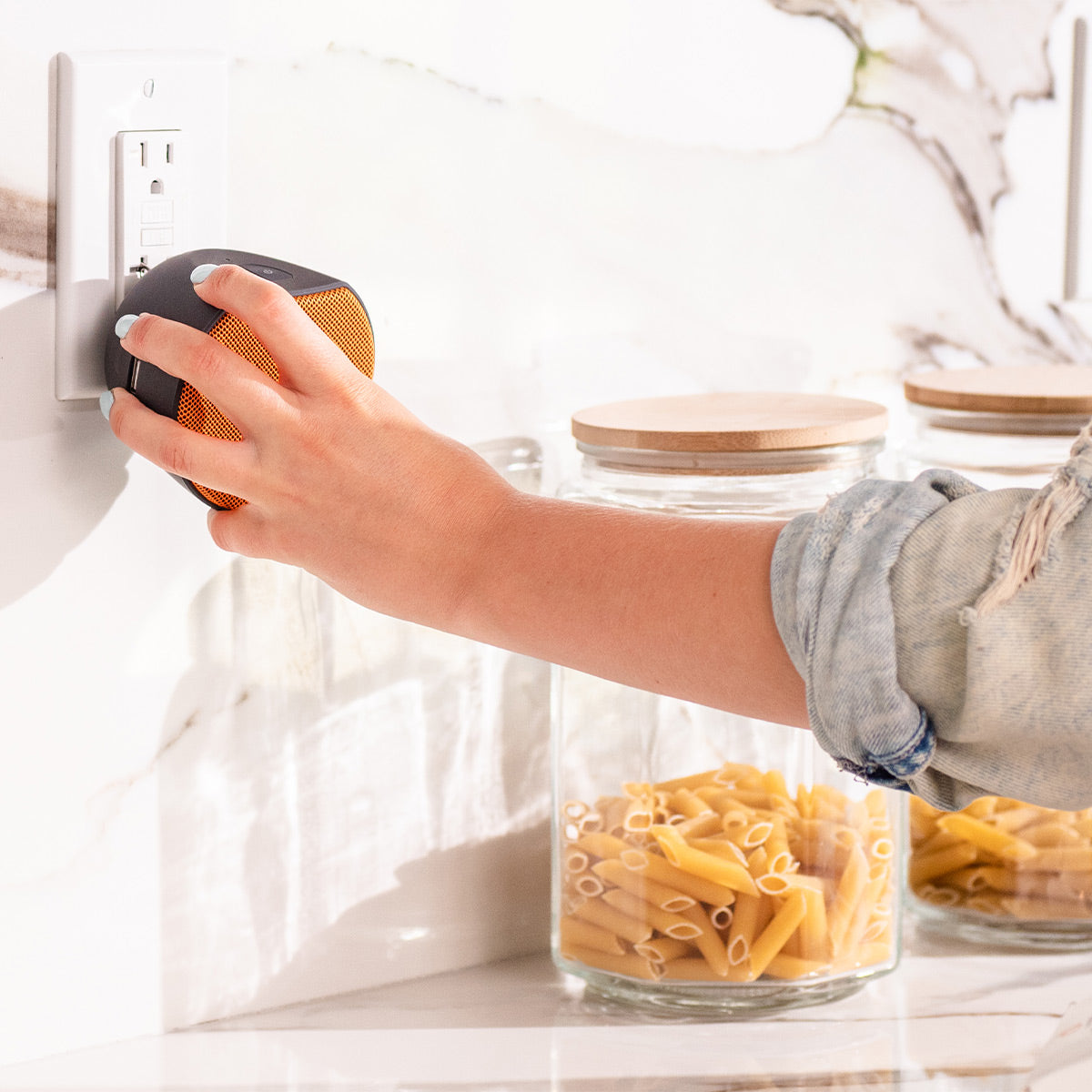 OC Acoustic Newport Plug-in Outlet Speaker with Bluetooth 5.1 and Built-in USB Type-A Charging Port (Orange/Black)