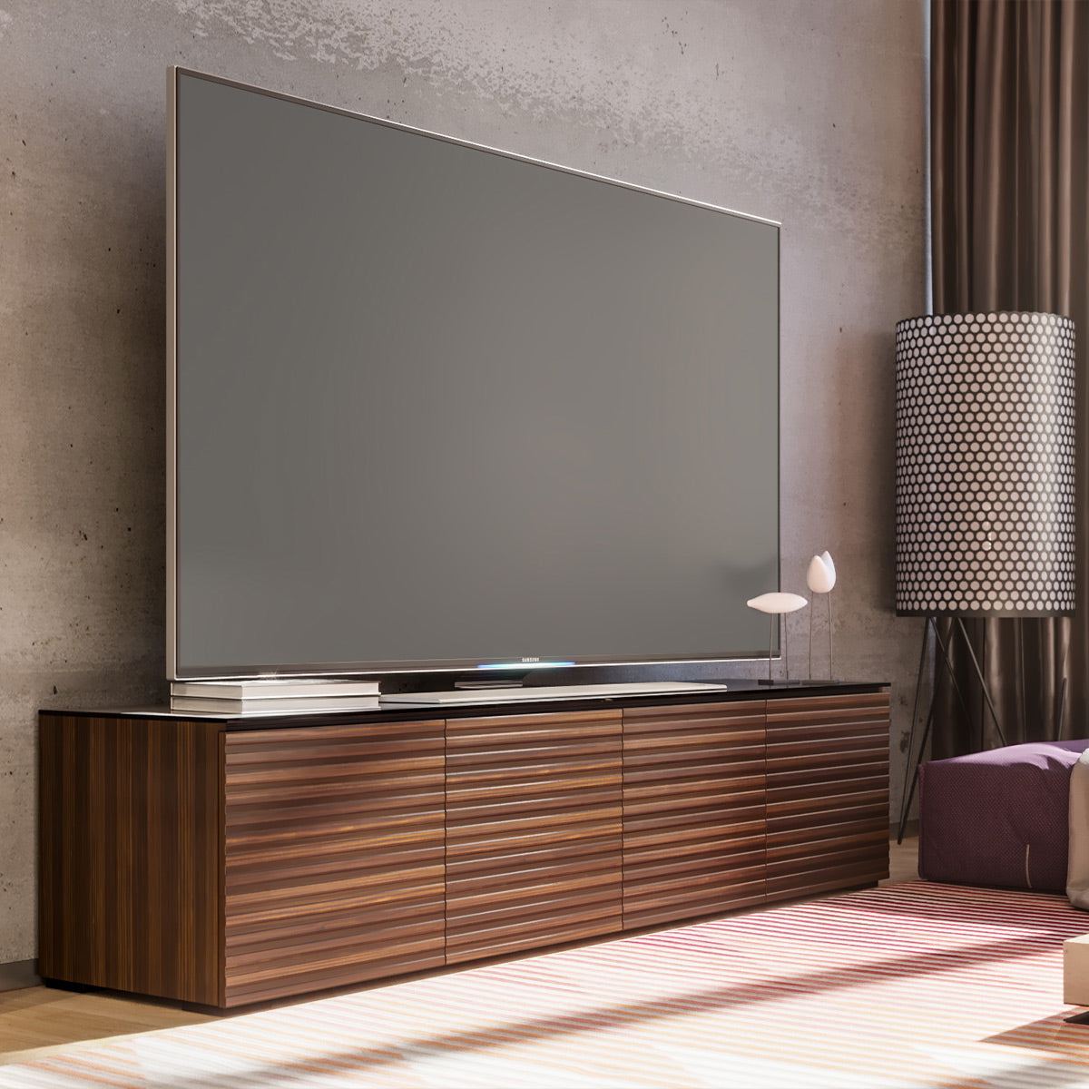 Salamander Chameleon Collection Zurich 247 Quad AV Cabinet (Horizontal Wood Pattern with Black Glass Top)