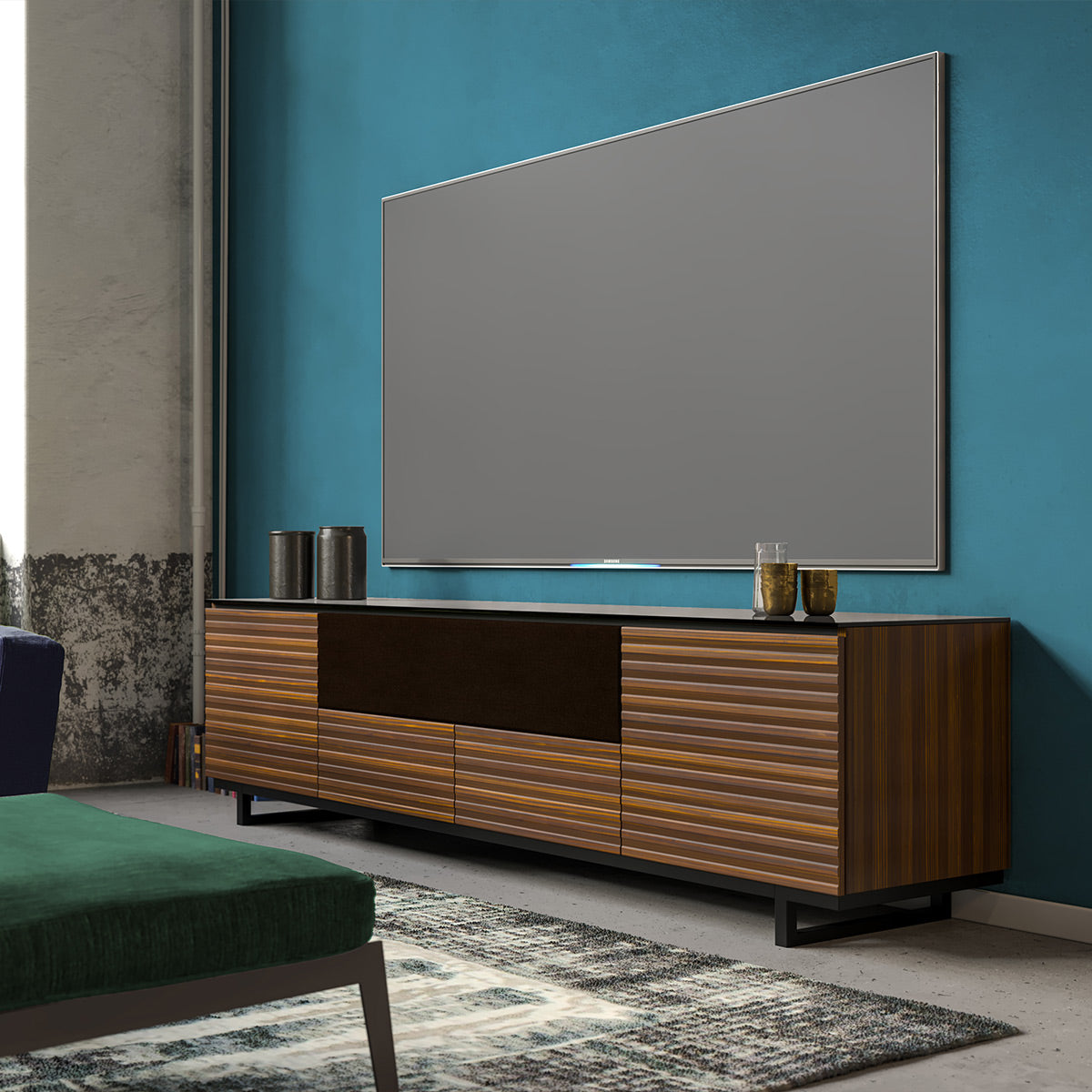 Salamander Chameleon Collection Zurich 245 Quad Speaker Integrated Cabinet (Horizontal Wood Pattern with Black Glass Top)