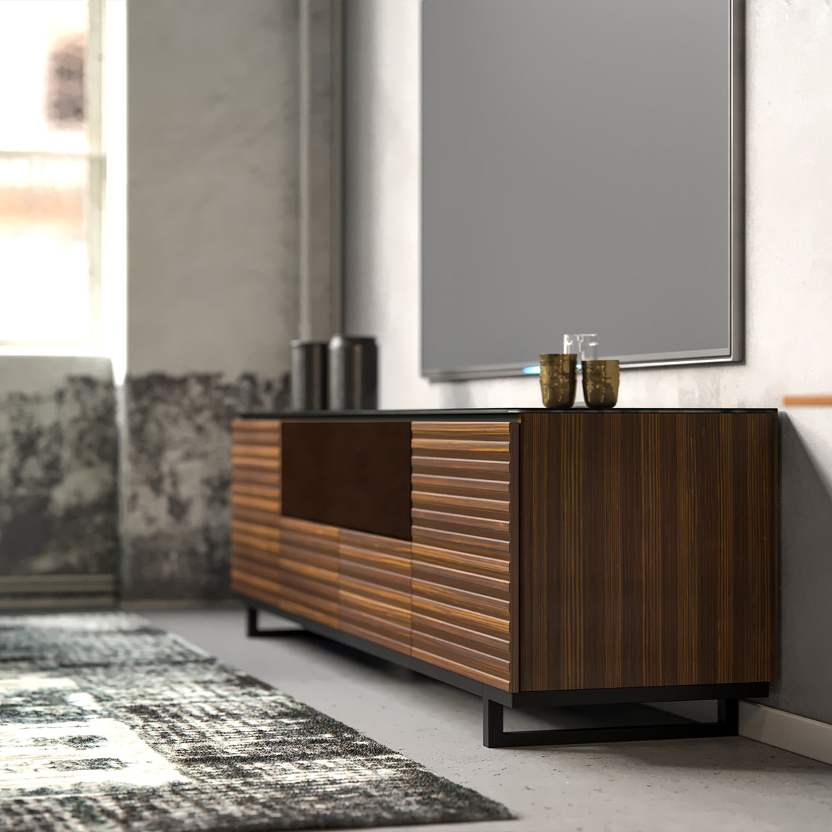 Salamander Chameleon Collection Zurich 245 Quad Speaker Integrated Cabinet (Horizontal Wood Pattern with Black Glass Top)