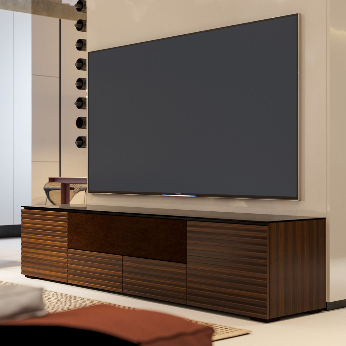 Salamander Chameleon Collection Zurich 245 Quad Speaker Integrated Cabinet (Horizontal Wood Pattern with Black Glass Top)