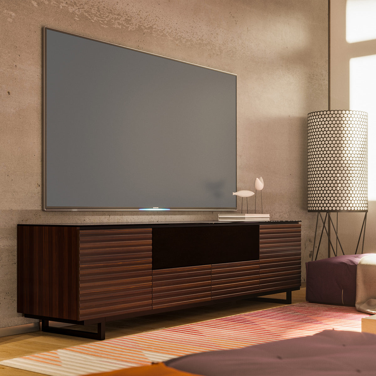 Salamander Chameleon Collection Zurich 245 Quad Speaker Integrated Cabinet (Horizontal Wood Pattern with Black Glass Top)