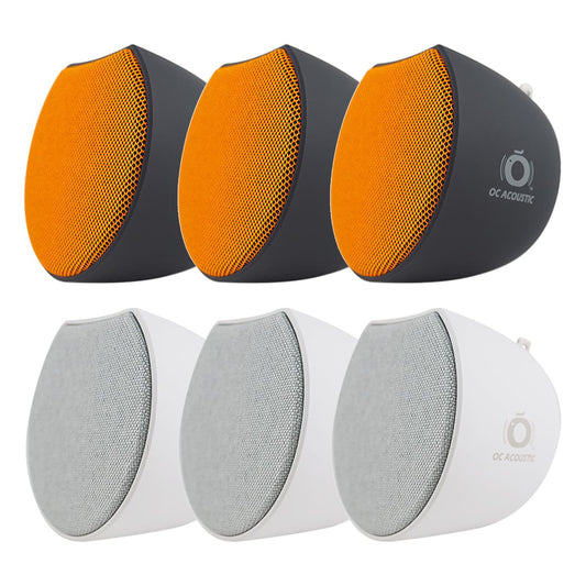 OC Acoustic Newport Plug-in Outlet Speaker with Bluetooth 5.1 and Built-in USB Type-A Charging Port - Set of 6 (Light Gray/White and Orange/Black)