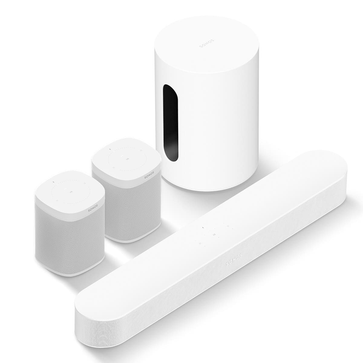 Sonos Immersive Set with Beam (Gen 2) Soundbar, Sub Mini Wireless Subwoofer, and Pair of One Wireless Smart Speakers (Gen 2) (White)