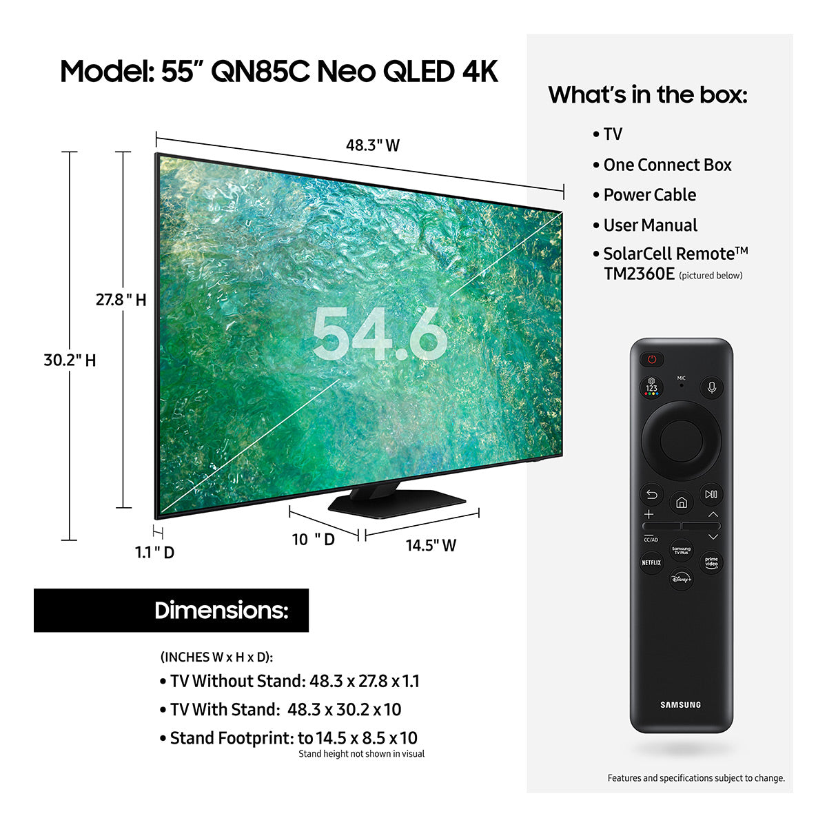 Samsung QN55QN85CA 55" Neo QLED 4K Smart TV with Quantum HDR, Dolby Atmos, and Object Tracking Sound (2023)