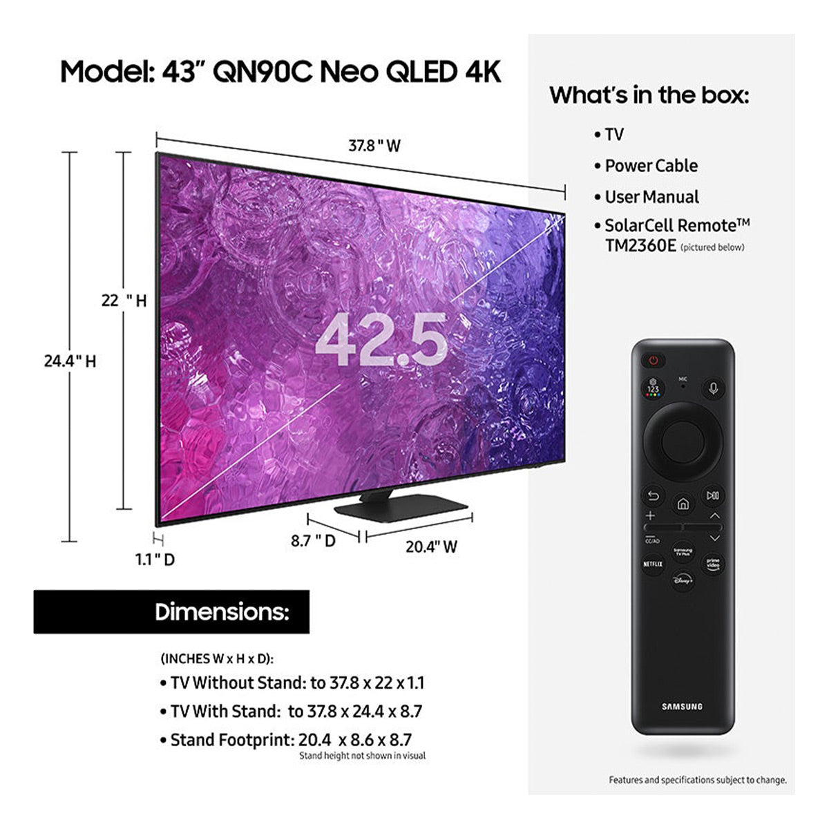 Samsung QN43QN90CA 43" Neo QLED 4K Smart TV with Quantum HDR, Dolby Atmos, Object Tracking Sound, & Ultra Viewing Angle Technology (2023)