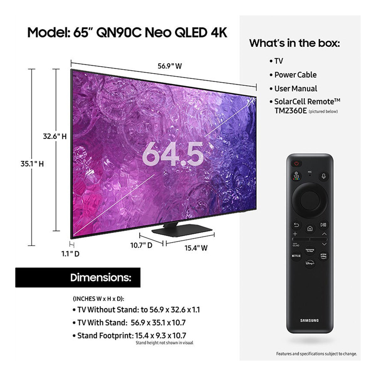 Samsung QN65QN90CA 65" Neo QLED 4K Smart TV with Quantum HDR, Dolby Atmos, Object Tracking Sound, & Ultra Viewing Angle Technology (2023)