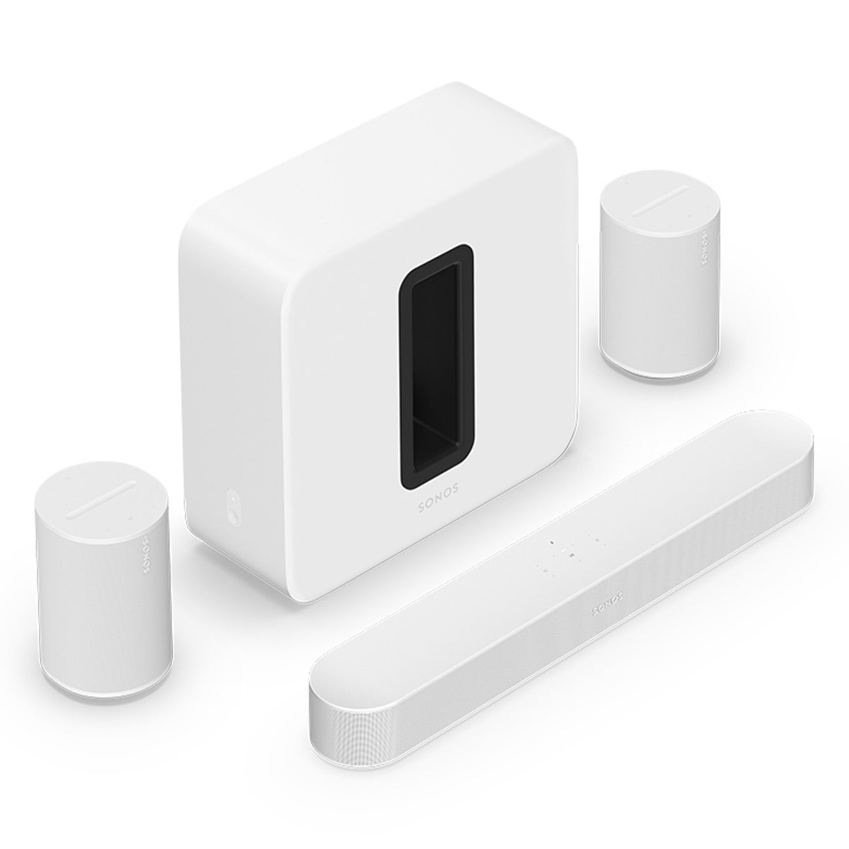 Sonos Premium Immersive Set with Beam (Gen 2) Soundbar, Sub Wireless Subwoofer (Gen 3), and Pair of Era 100 Wireless Smart Speakers (White)
