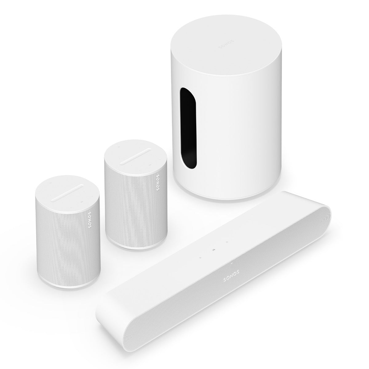 Sonos Immersive Set with Ray Compact Soundbar, Sub Mini Wireless Subwoofer, and Pair of Era 100 Wireless Smart Speakers (White)
