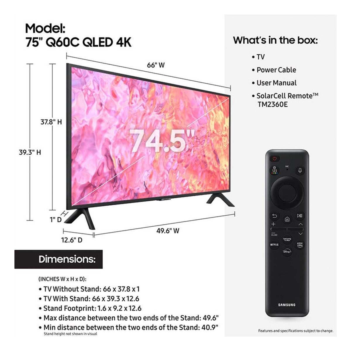 Samsung QN75Q60CA 75" QLED 4K Smart TV with Quantum HDR, 100% Color Volume, Dual LED Backlights, & Object Tracking Sound (2023)