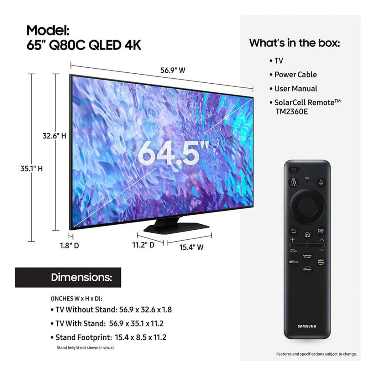 Samsung QN65Q80CA 65" QLED 4K Smart TV with Quantum HDR+, Dolby Atmos, Object Tracking Sound, & 4K Upscaling (2023)